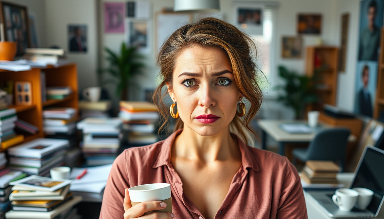 Un emprendedor de marketing en red decidido y ambicioso, ya sea un hombre o una mujer exitosos de entre 30 y 40 años, se encuentra frente a una oficina hogareña desordenada o una sala de conferencias concurrida, rodeado de pilas de materiales de marketing, computadoras portátiles y tazas de café vacías, con una mirada de frustración e incertidumbre en su rostro, como si se sintiera "estancado" en su negocio, luchando por hacer la próxima gran venta o alcanzar sus objetivos mensuales, con un toque de desesperación en sus ojos y un leve brillo de la pantalla de una computadora portátil iluminando su rostro, capturando la esencia de la rutina empresarial.