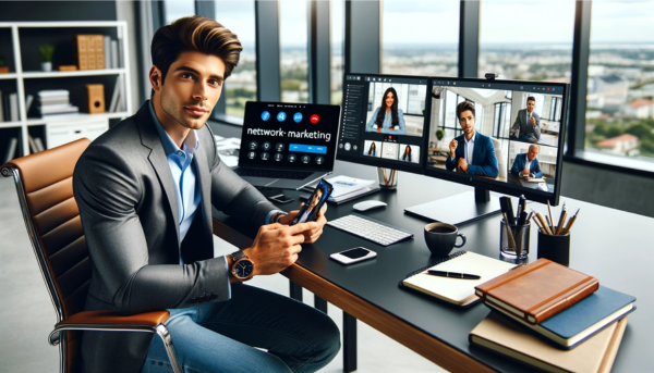 A horizontal image of an attractive young entrepreneur in the network marketing business, organizing to make video calls with interested people. He is finalizing the details in his modern, well-lit office. The young man is stylishly dressed in business casual, sitting at a sleek desk with a high-tech computer setup, multiple monitors, and a smartphone in hand. Notebooks, a planner, and a cup of coffee are neatly arranged on the desk. In the background, a large window offers a view of the city skyline. The image includes the URL: https://networkmarketing.es/ prominently displayed on one of the computer screens.