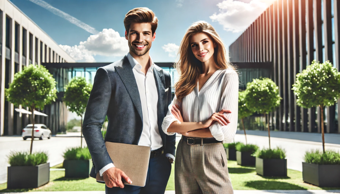 Una imagen horizontal fresca, juvenil y motivadora de una pareja de unos 30 años que son emprendedores de MLM. La pareja está vestida con un atuendo informal elegante, de pie con confianza y con sonrisas brillantes, en un entorno al aire libre con un cielo azul claro. Tienen una computadora portátil y algunos documentos comerciales, que simbolizan su dedicación y éxito en el mercadeo en red. El fondo incluye árboles verdes y un moderno edificio de oficinas, lo que refleja un entorno profesional pero dinámico. https://www.networkmarketing.es/