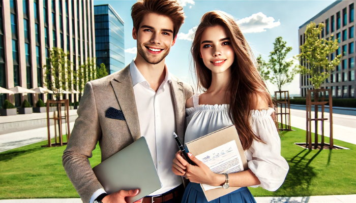 Una imagen horizontal fresca, juvenil y motivadora de una pareja joven emprendedores de MLM. La pareja está vestida con un atuendo informal elegante, de pie con confianza y con sonrisas brillantes, en un entorno al aire libre con un cielo azul claro. Tienen una computadora portátil y algunos documentos comerciales, que simbolizan su dedicación y éxito en el mercadeo en red. El fondo incluye árboles verdes y un moderno edificio de oficinas, lo que refleja un entorno profesional pero dinámico. https://www.networkmarketing.es/