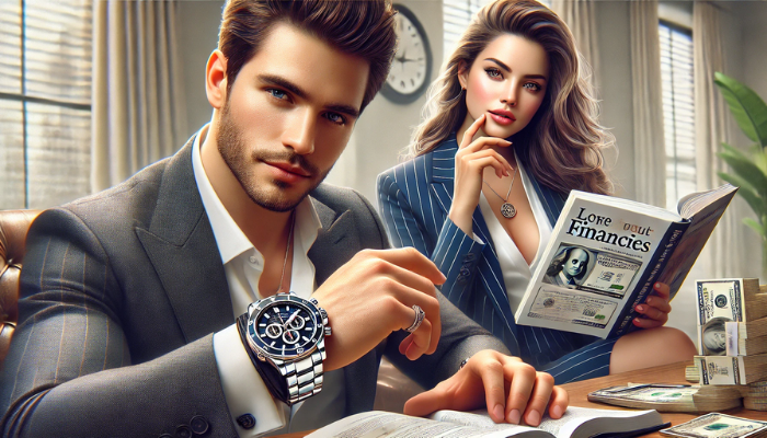 Una imagen horizontal hiperrealista de dos atractivos empresarios de MLM. A la izquierda, un empresario muestra un costoso reloj de pulsera y muestra una actitud segura y llamativa. A la derecha, el otro emprendedor está leyendo un libro sobre finanzas, mostrando una expresión concentrada y reflexiva, rodeado de un ambiente modesto y profesional con elementos como un escritorio, una computadora portátil y libros. https://networkmarketing.es/