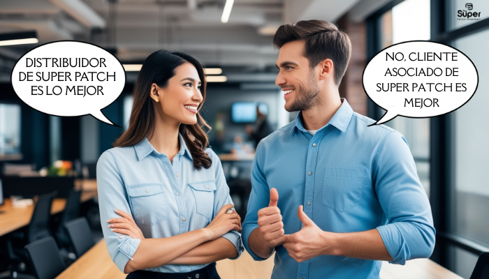 An attractive couple of networkers (a young man and woman) standing in a modern workspace, facing each other. The woman says, 'Distributor of Super Patch is better' in a classic comic-style speech bubble, while the man responds, 'No, Associated Customer of Super Patch is better' in another comic-style bubble. They both have friendly and confident expressions, and the atmosphere is lively, showing a light debate
