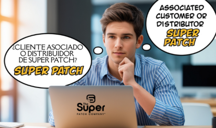 An attractive young male networker sitting in front of his laptop, appearing deep in thought. Above his head are typical comic-style speech bubbles containing the words 'Associated Customer or Distributor of Super Patch'. The setting is a modern workspace, and the character looks focused yet thoughtful, with the comic bubbles clearly conveying his contemplation.