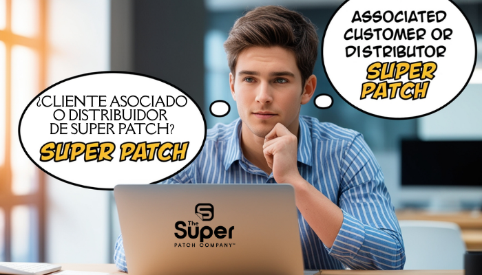 An attractive young male networker sitting in front of his laptop, appearing deep in thought. Above his head are typical comic-style speech bubbles containing the words 'Associated Customer or Distributor of Super Patch'. The setting is a modern workspace, and the character looks focused yet thoughtful, with the comic bubbles clearly conveying his contemplation.